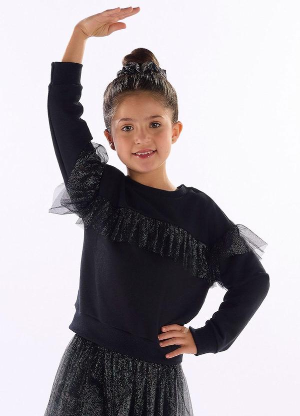 Blusão Moletom com Tule Glitter Preto