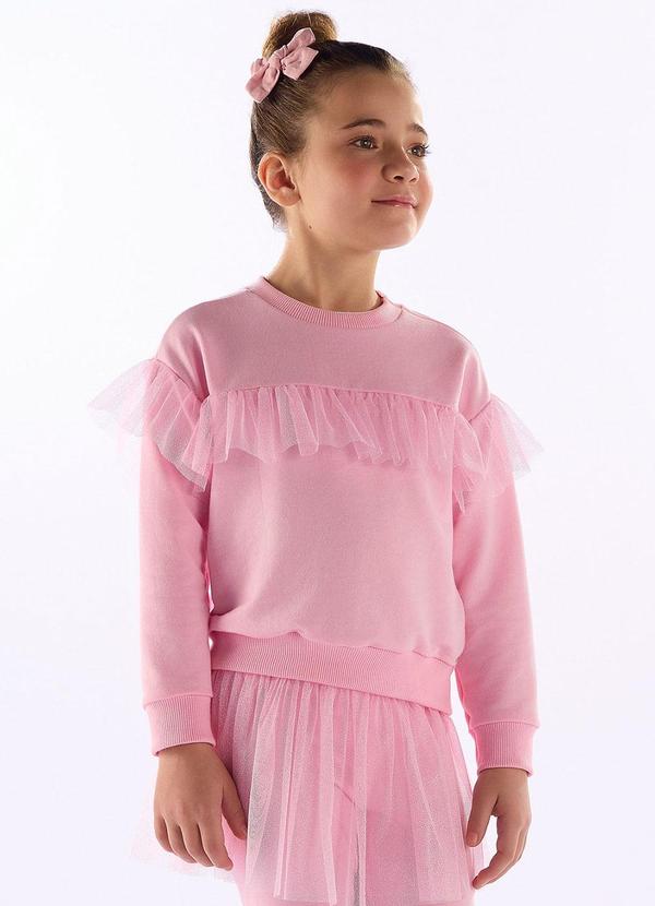 Blusão Moletom com Tule Glitter Rosa