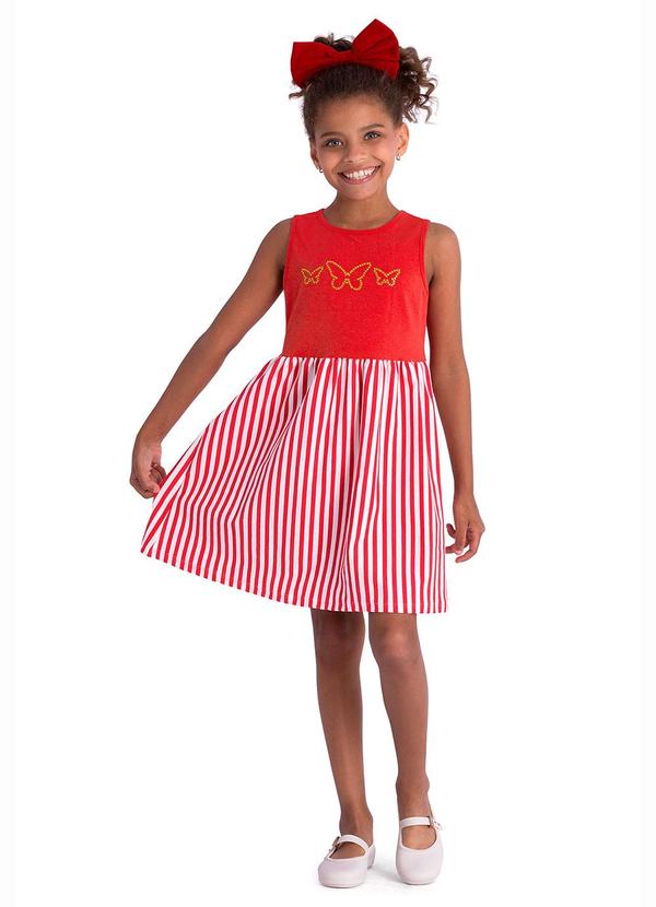Vestido Regata Strass Borboleta e Saia Vermelho