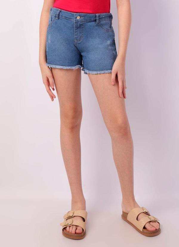Short Jeans Juvenil Curto Barra Desfiada Azul