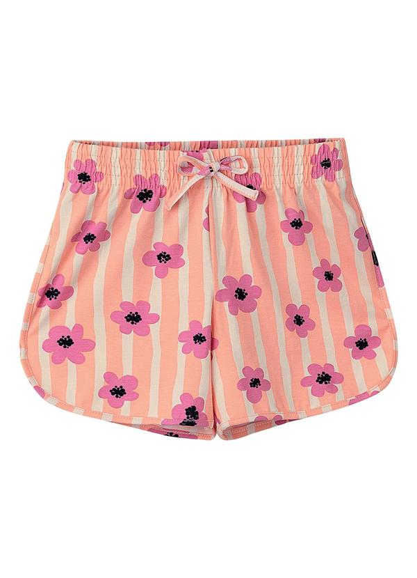 Shorts Básico Listras & Flores em Cotton Pêssego