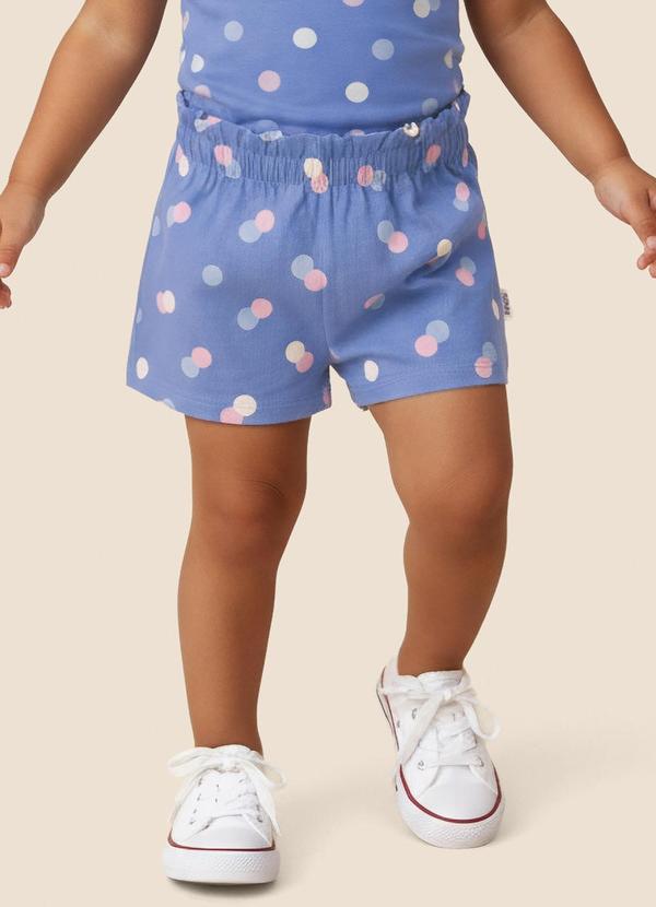 Shorts Evasê Poá em Cotton Azul Pastel