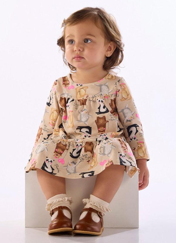 Vestido Bebê Cotton Manga Longa Bege