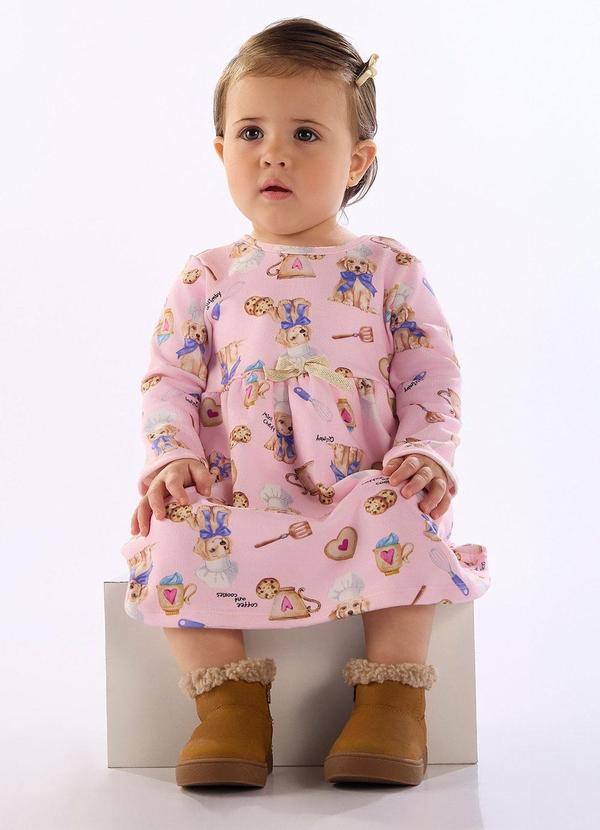 Vestido Bebê em Suedine Manga Longa Bege