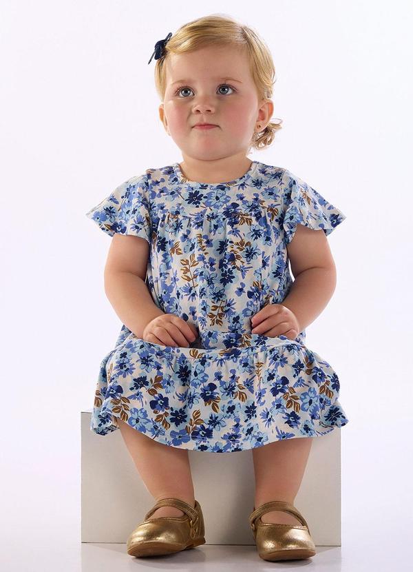 Vestido Bebê Floral Cotton Recortes Azul