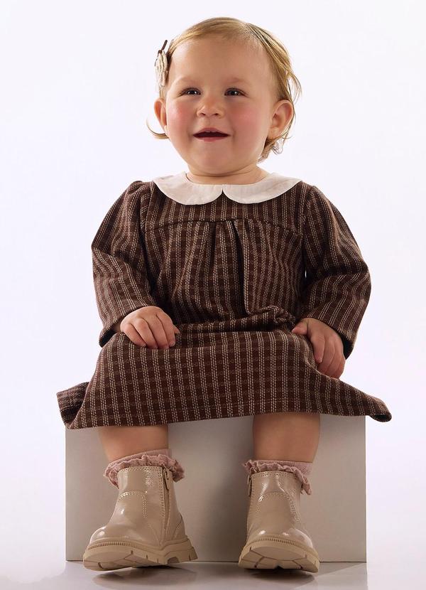 Vestido Bebê Jacquard Gola Boneca Marrom