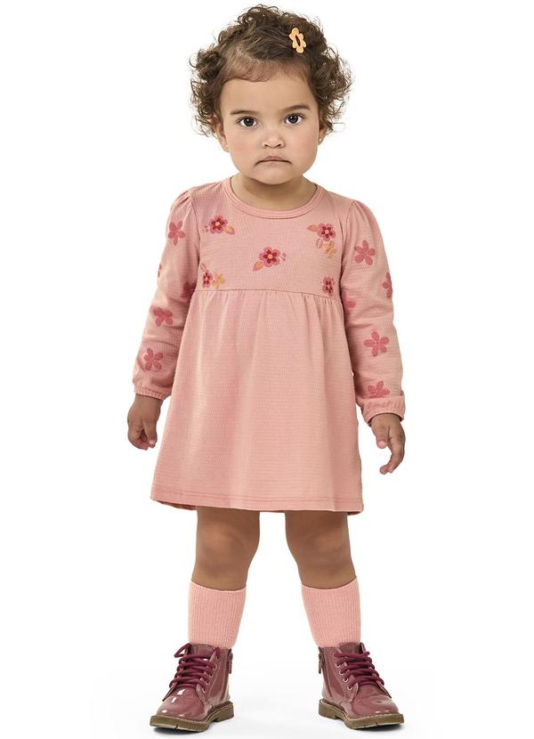 Vestido Bebê Menina Manga Longa Floral Rosa