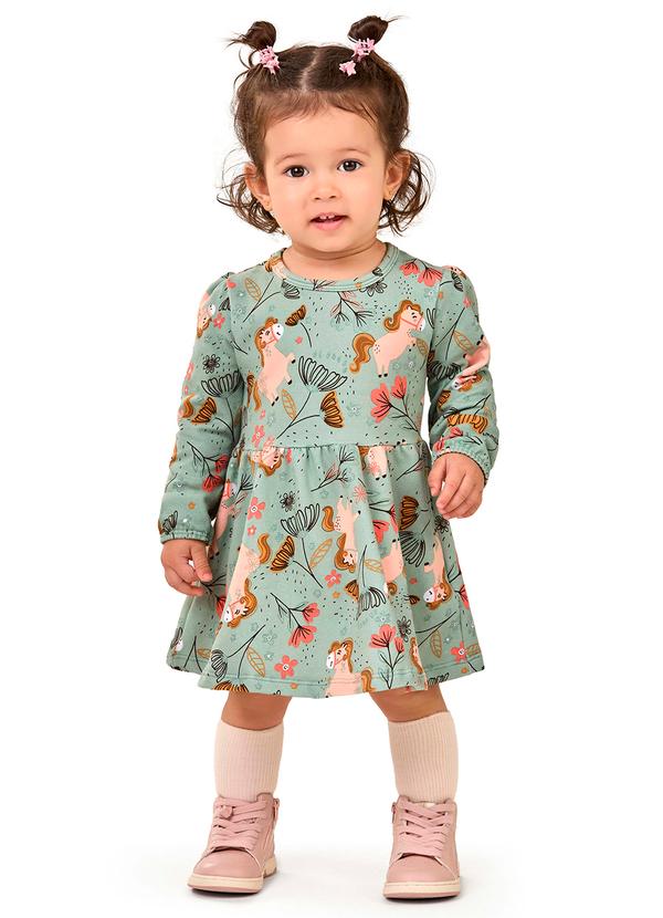 Vestido Bebê Menina Manga Longa Pôneis Verde
