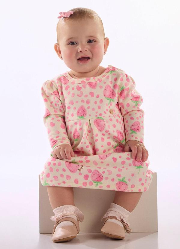 Vestido Bebê Peluciado Morangos Branco