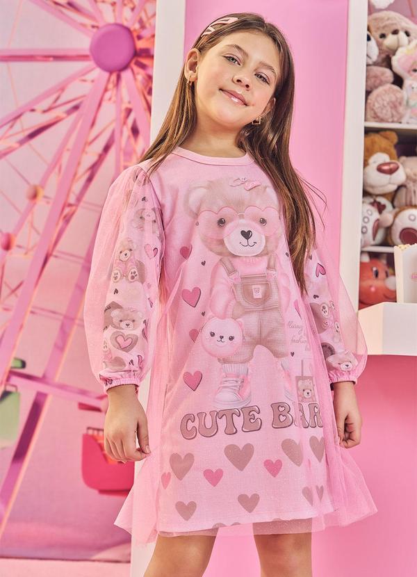 Vestido com Tule Infantil Menina Cute Bear Rosa