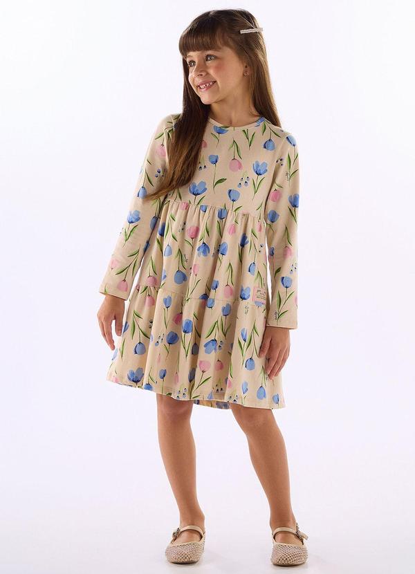 Vestido Floral Manga Longa Cotton Bege