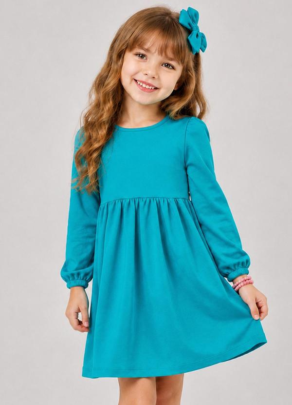 Vestido Infantil em Molecotton Manga Longa Azul