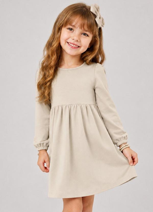 Vestido Infantil em Molecotton Manga Longa Bege