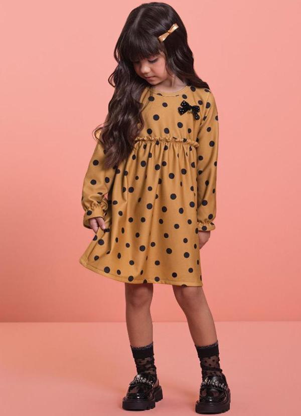 Vista 2 Vestido Infantil em Molecotton Poá Marrom Milli E Nina Milli E Nina
