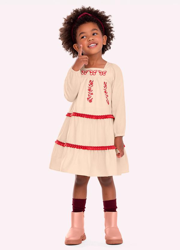 Vestido Infantil Menina Bordado Bege