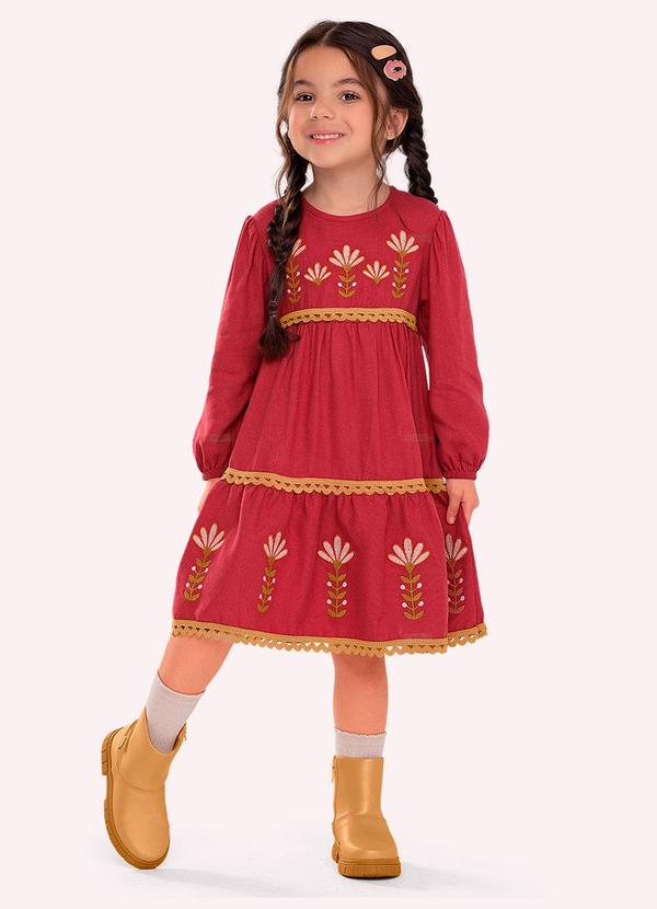 Vestido Infantil Menina Bordado Vermelho