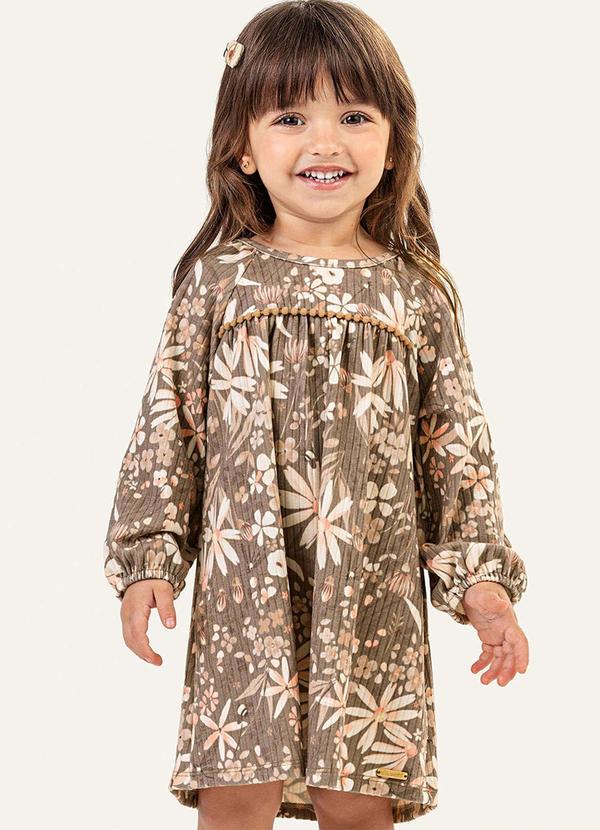 Vestido Infantil Menina Canelado Floral Marrom