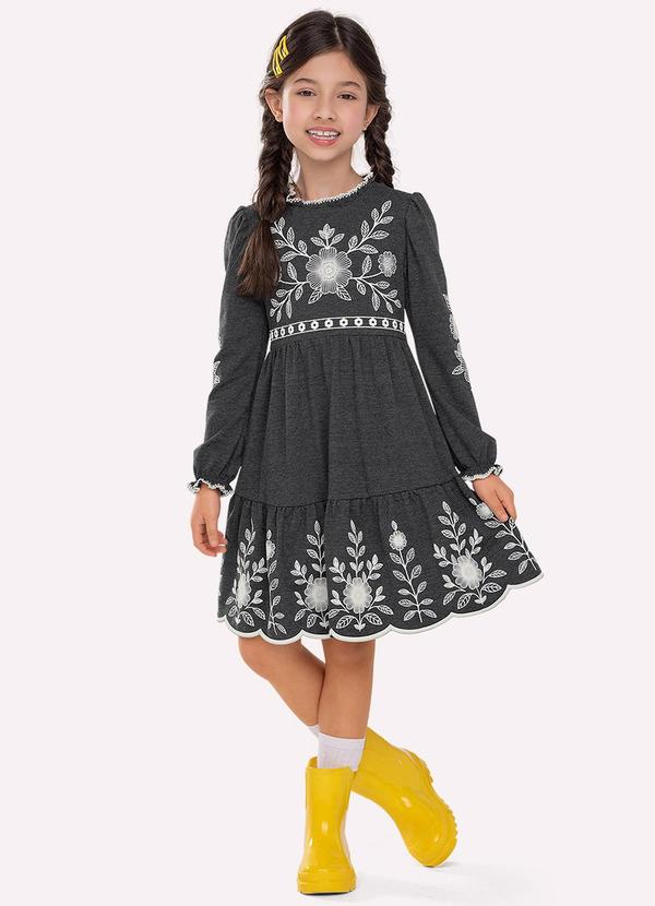 Vestido Infantil Menina Flores Cinza