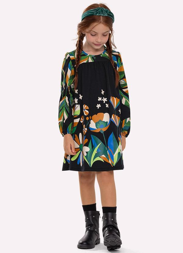 Vestido Infantil Menina Folhas Preto