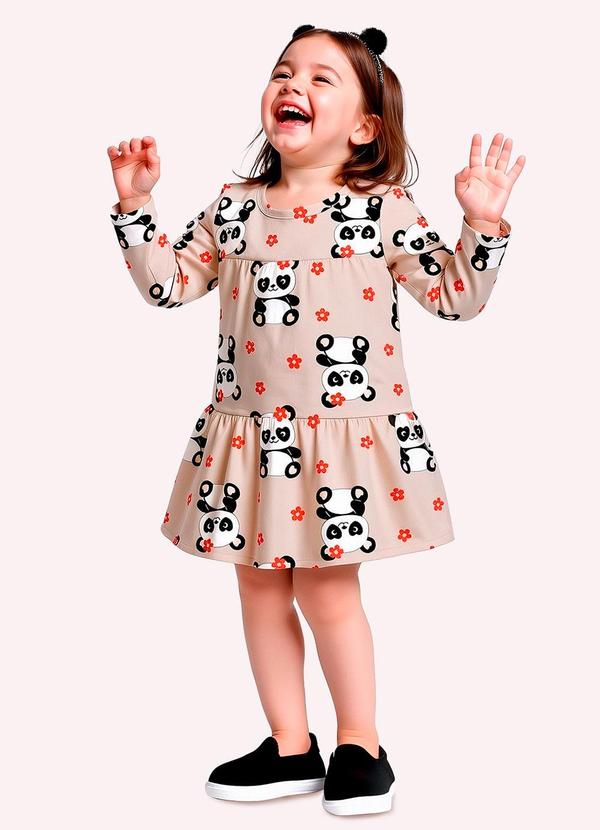 Vestido Infantil Menina Pandinhas Bege
