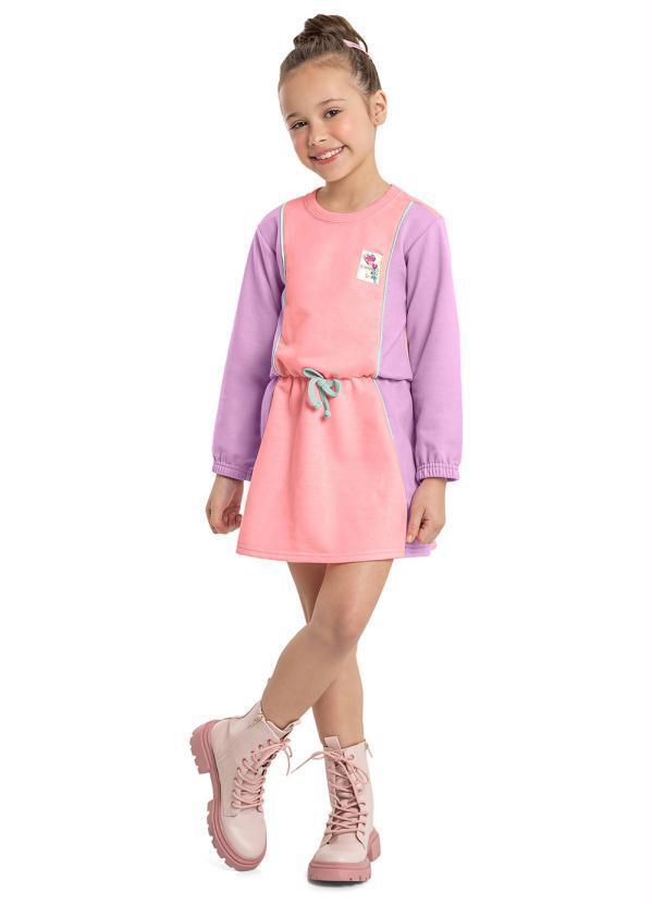 Vista 2 Vestido Infantil Moletom Manga Longa Rosa Quimby Quimby