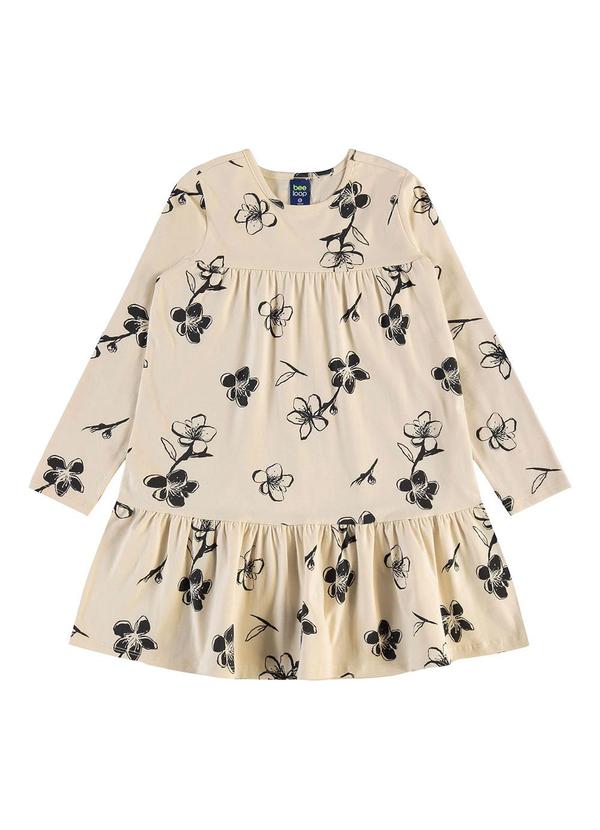 Vestido Manga Longa Floral Bege