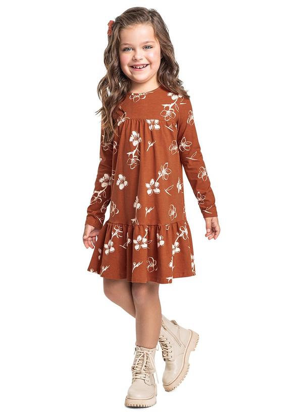 Vestido Manga Longa Floral Marrom
