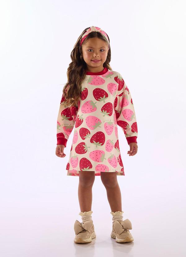 Vestido Menina Estampa Morangos Bege