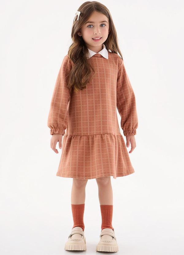 Vista 2 Vestido Xadrez em Jacquard Infantil Marrom Up Baby Up Baby