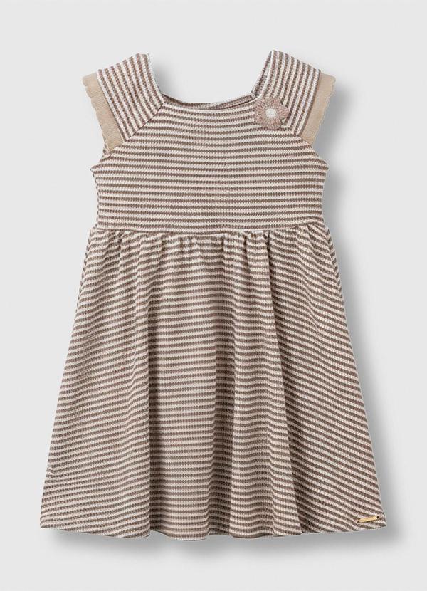 Vestido Acinturado em Tricot Listrado Taupe