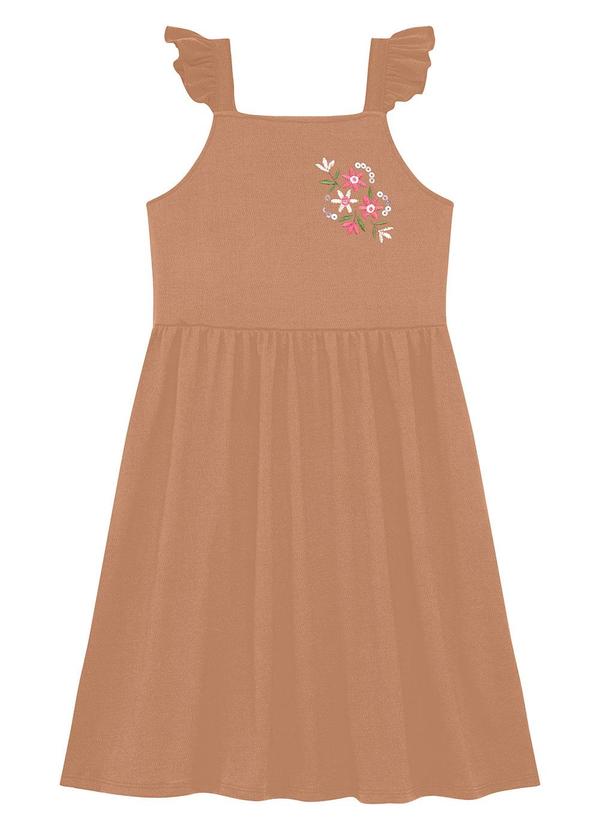 Vestido Alça com Bordado de e Babado Marrom