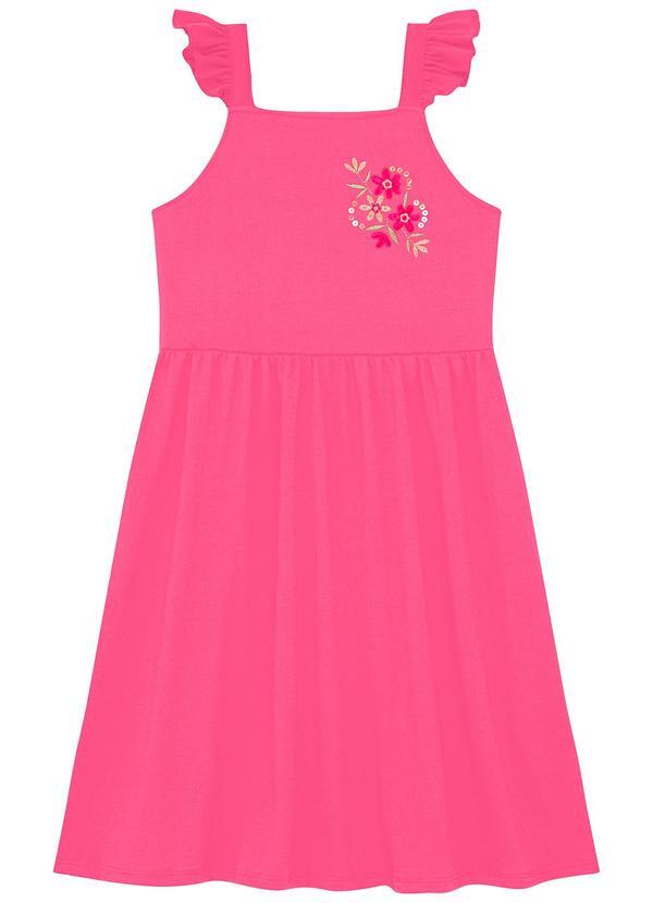 Vestido Alça com Bordado de Flores e Babado Rosa