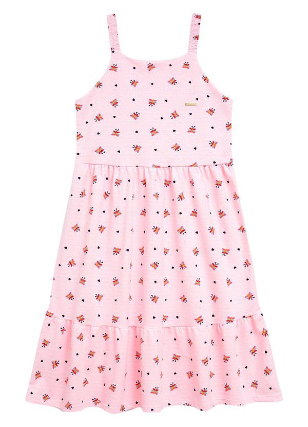 Vestido Alça com Elástico Estampa Libélula Rosa
