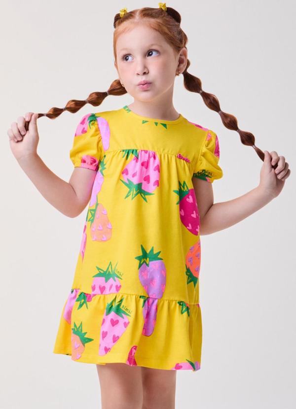 Vestido Amarelo Fruit Print de Morangos Amarelo