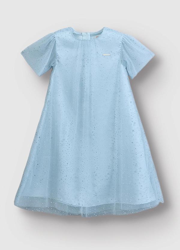 Vestido Amplo em Tule com Foil Azul Pastel