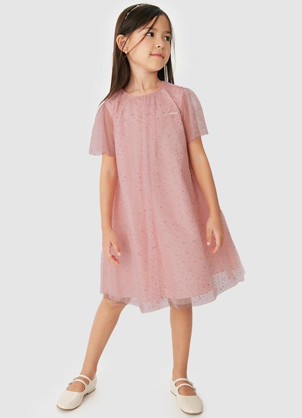 Vestido Amplo em Tule com Foil Rosê