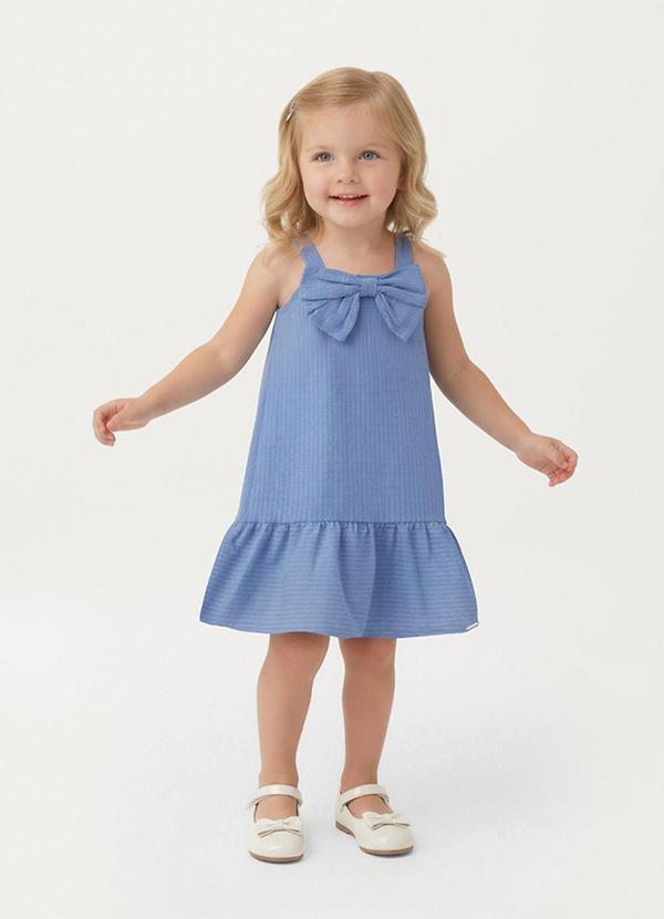 Vestido Amplo Maquinetado com Laço Azul