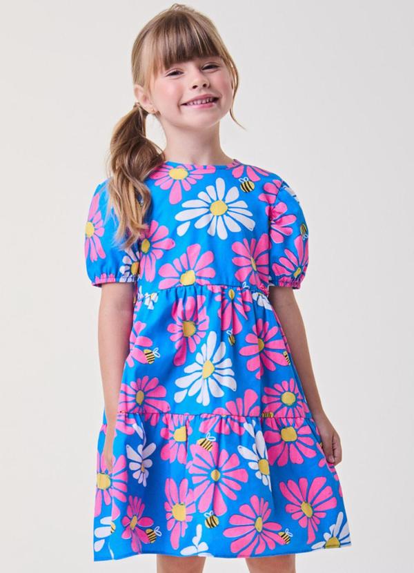 Vestido Azul Royal Floral com Abelhas Azul
