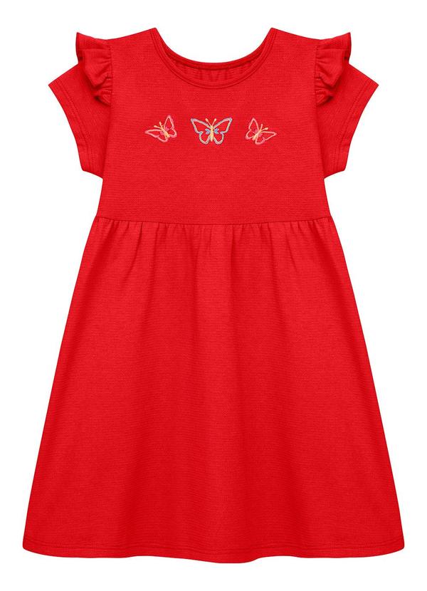Vestido Babado com Bordado Borboleta Vermelho