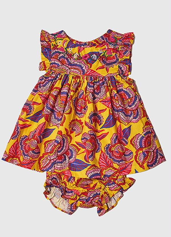 Vestido Bebê Bordado Florida Amarelo