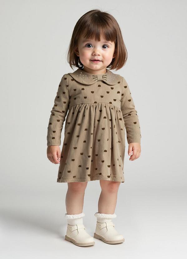 Vestido Bebê Estampado com Mangas Longas Marrom