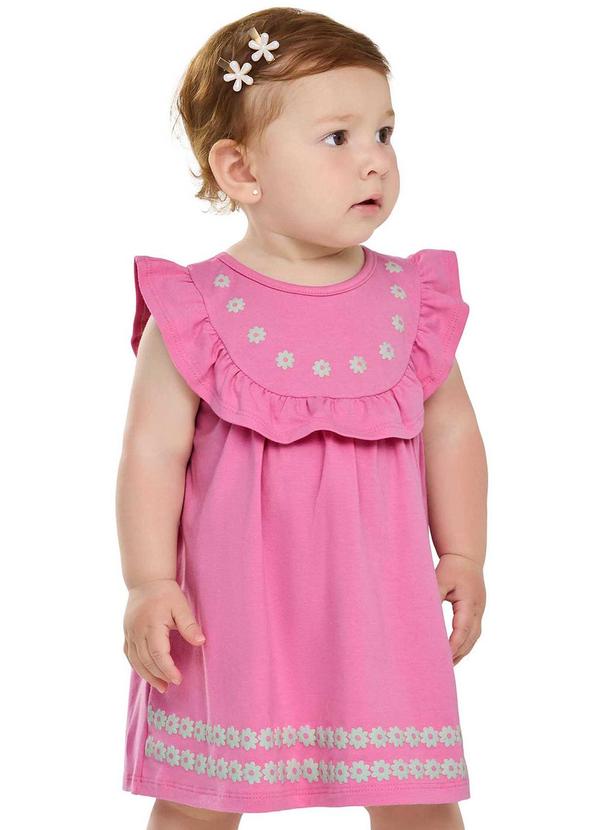 Vestido Bebê Menina Babados Floral em Puff Rosa
