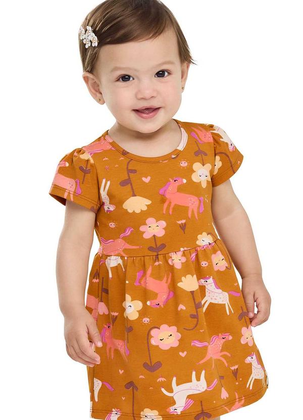 Vestido Bebê Menina Cotton Pôneis Laranja