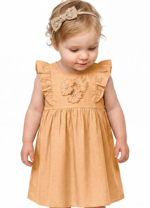 Vestido Bebê Menina Flores com Pérolas Bege