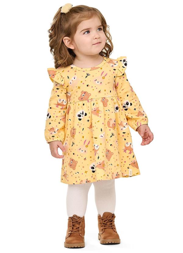 Vestido Bebê Menina Manga Longa Bichinhos Amarelo
