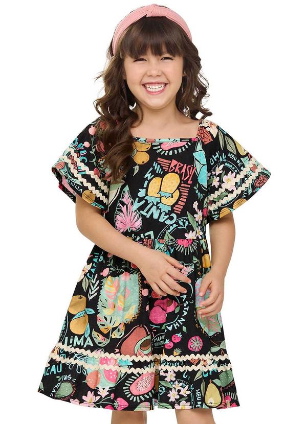 Vestido Cantarim Infantil Menina Tropical Preto