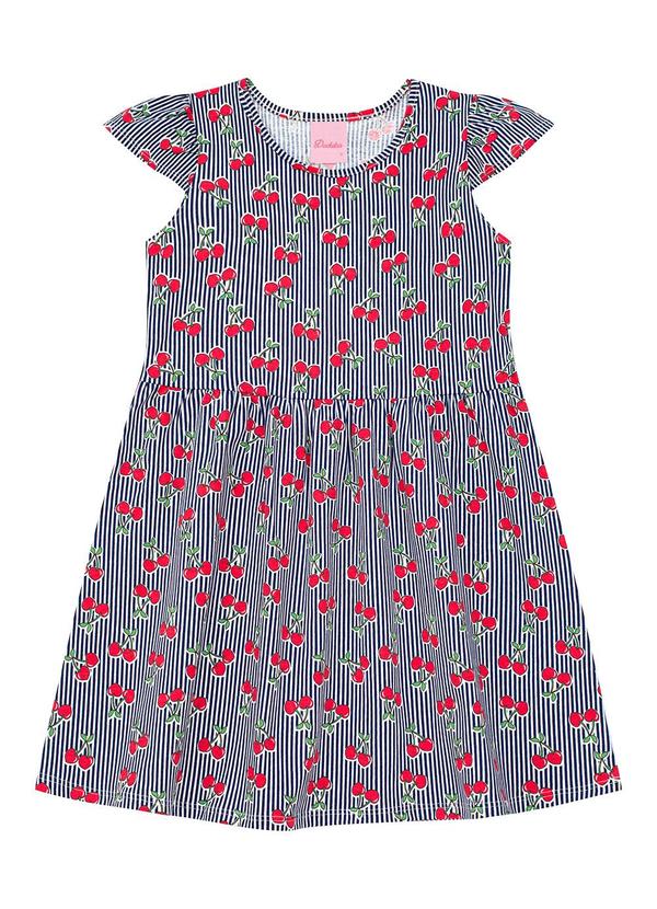 Vestido Cereja Listrado com Manga Copinho Azul