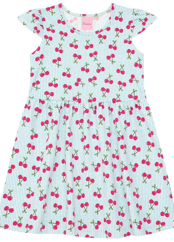 Vestido Cereja Listrado com Manga Copinho Rosa
