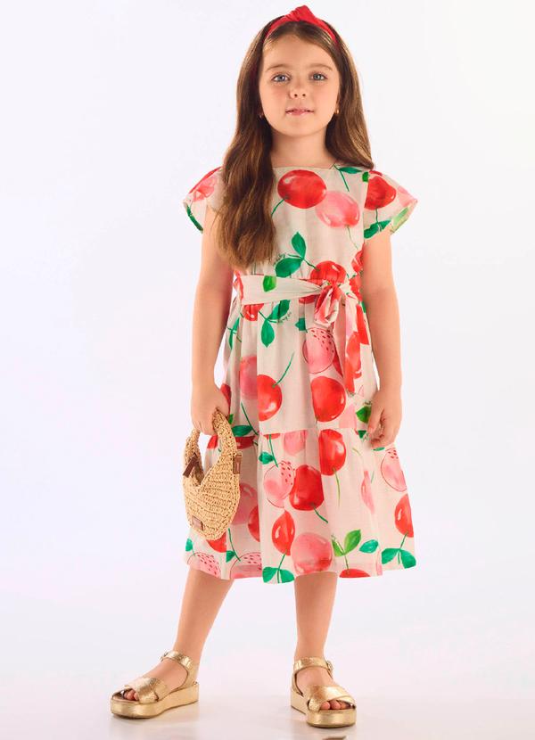 Vestido Cereja Midi Algodão Linho Bege