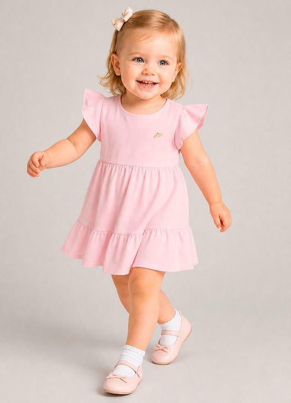 Vestido com Babados e Mangas Amplas Rosa